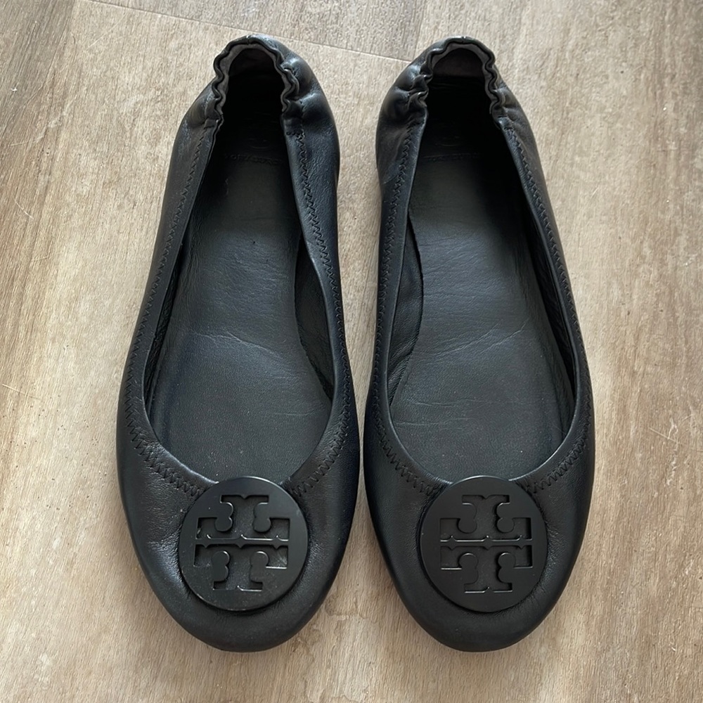 Tory Burch Minnie Travel Ballet Flats - Black Leather - Size 10